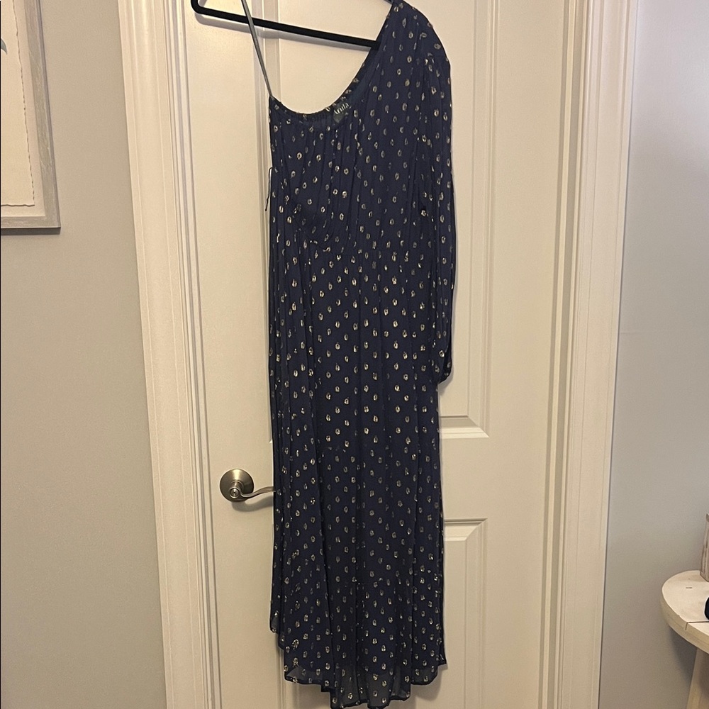 ARULA Navy and Gold One-Shoulder Dress